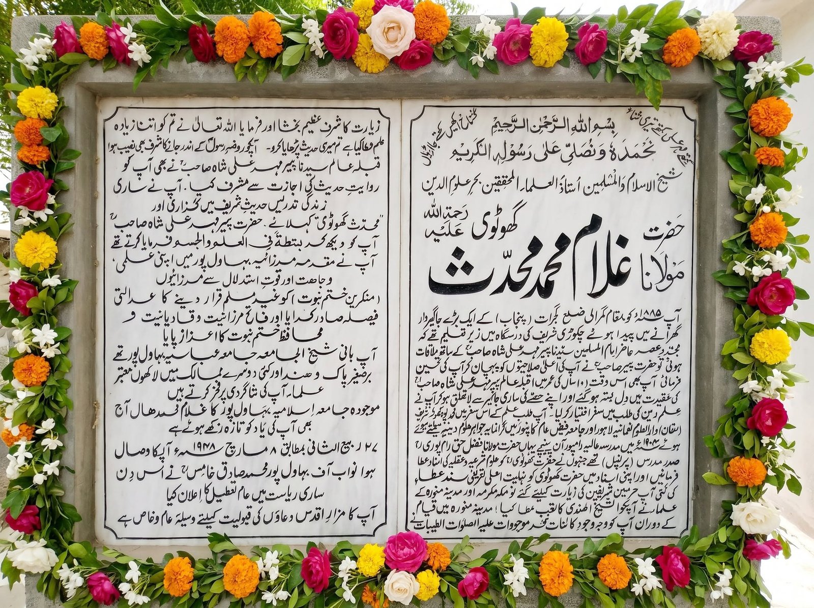 The flower-garlanded marble commemorative plaque at the Darbar Sharif of Ghulam Muhammad Muhaddith-e-Ghotvi, engraved with his biography and titles